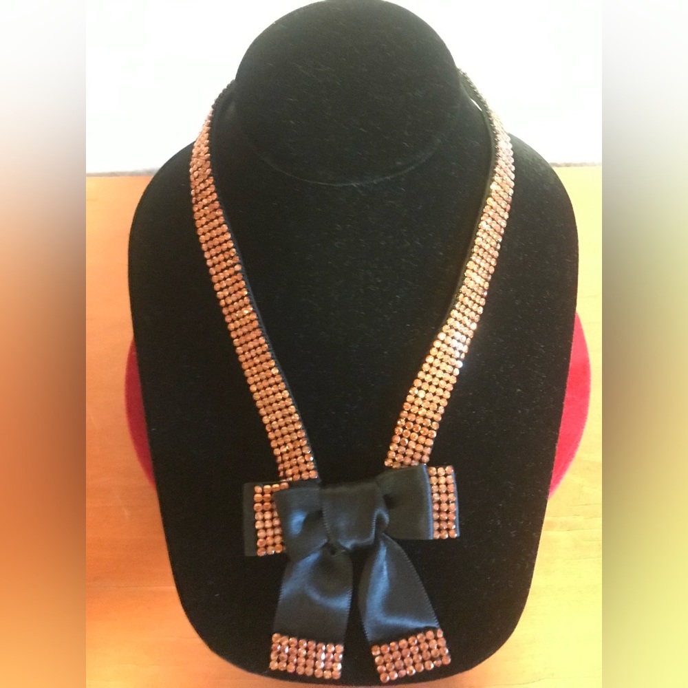 Alzerina Hand Made Black Satin Bowtie Necklace with Copper Crystals. - Picture 2 of 8